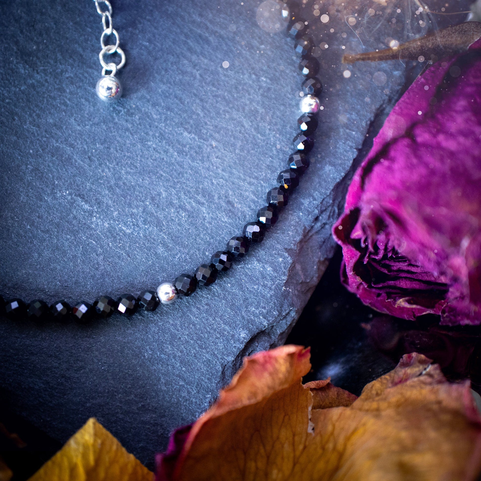 Beautifully handmade, black spinel crystal stacking bracelet. This bracelet has been made using high quality moss agate beads which are facetted to give a gorgeous sparkle. Strung on 49 strand beading wire for durability and a good drape on the wrist