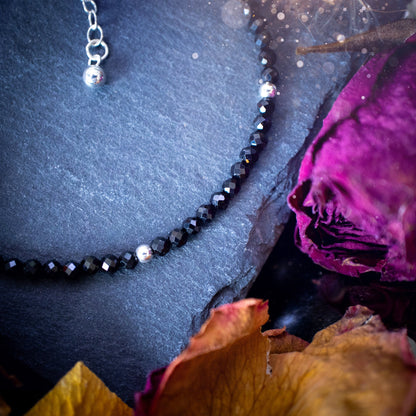 Beautifully handmade, black spinel crystal stacking bracelet. This bracelet has been made using high quality moss agate beads which are facetted to give a gorgeous sparkle. Strung on 49 strand beading wire for durability and a good drape on the wrist