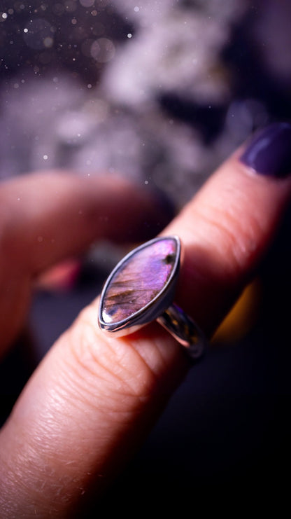 Stunning and handcrafted, natural pink and purple labradorite sterling silver stacking ring. This beautiful ring has been made from recycled sterling silver and has a smooth ring shank. Ideal for crystal and jewellery lovers. Hippy and witchy jewelry