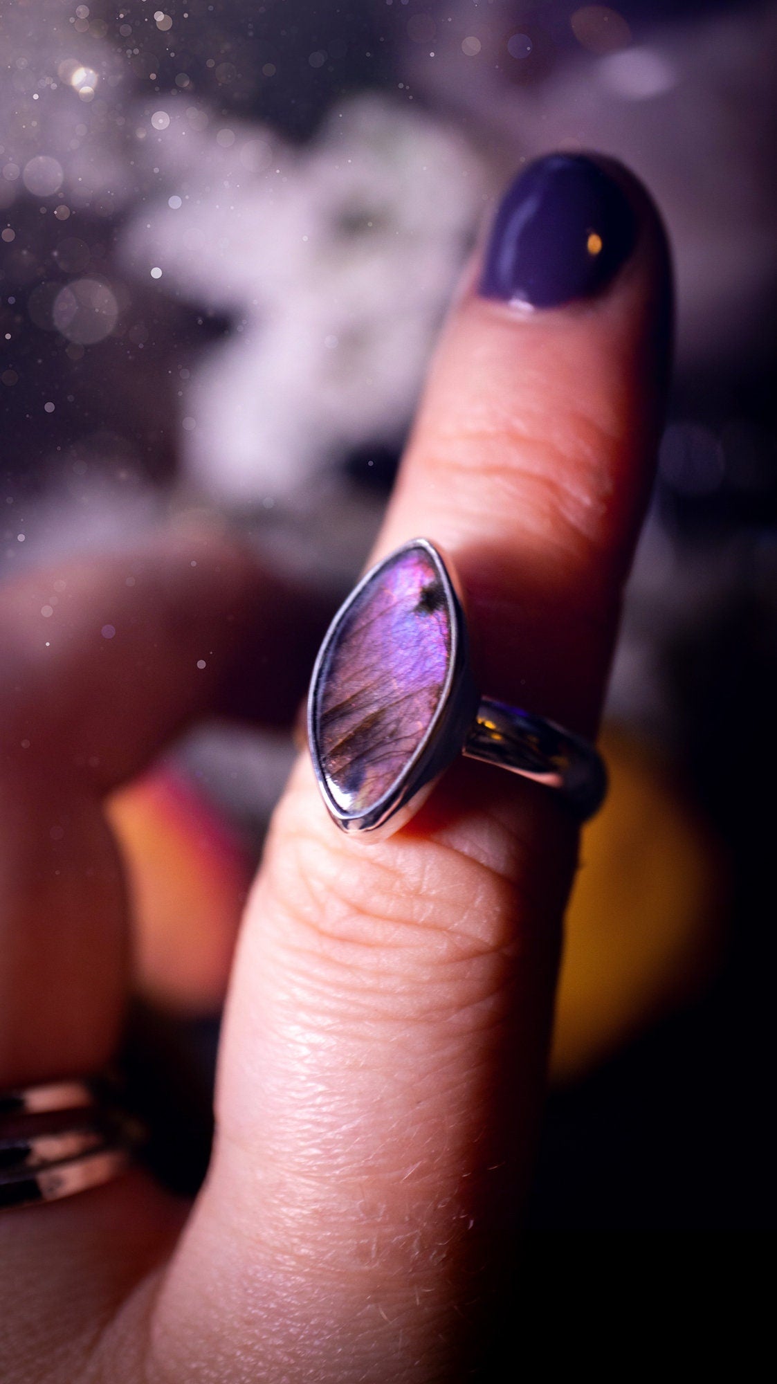 Stunning and handcrafted, natural pink and purple labradorite sterling silver stacking ring. This beautiful ring has been made from recycled sterling silver and has a smooth ring shank. Ideal for crystal and jewellery lovers. Hippy and witchy jewelry