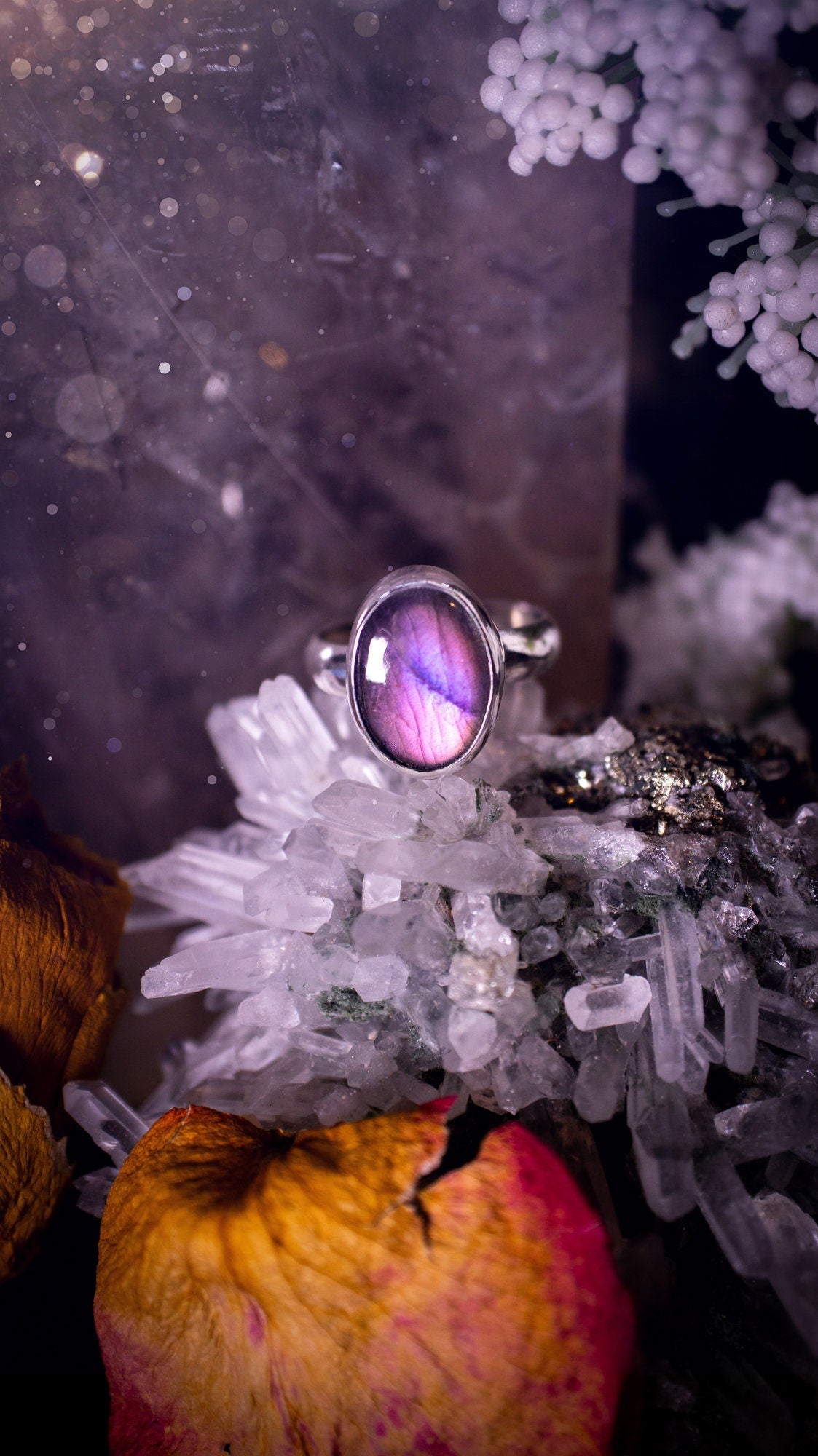 Stunning and natural, handcrafted, pink and purple labradorite spectrolite sterling silver stacking ring. This ring features a beautiful purple gemstone that has been mounted on a smooth ring shank. Dainty and minimalist. Gift for crystal lovers.