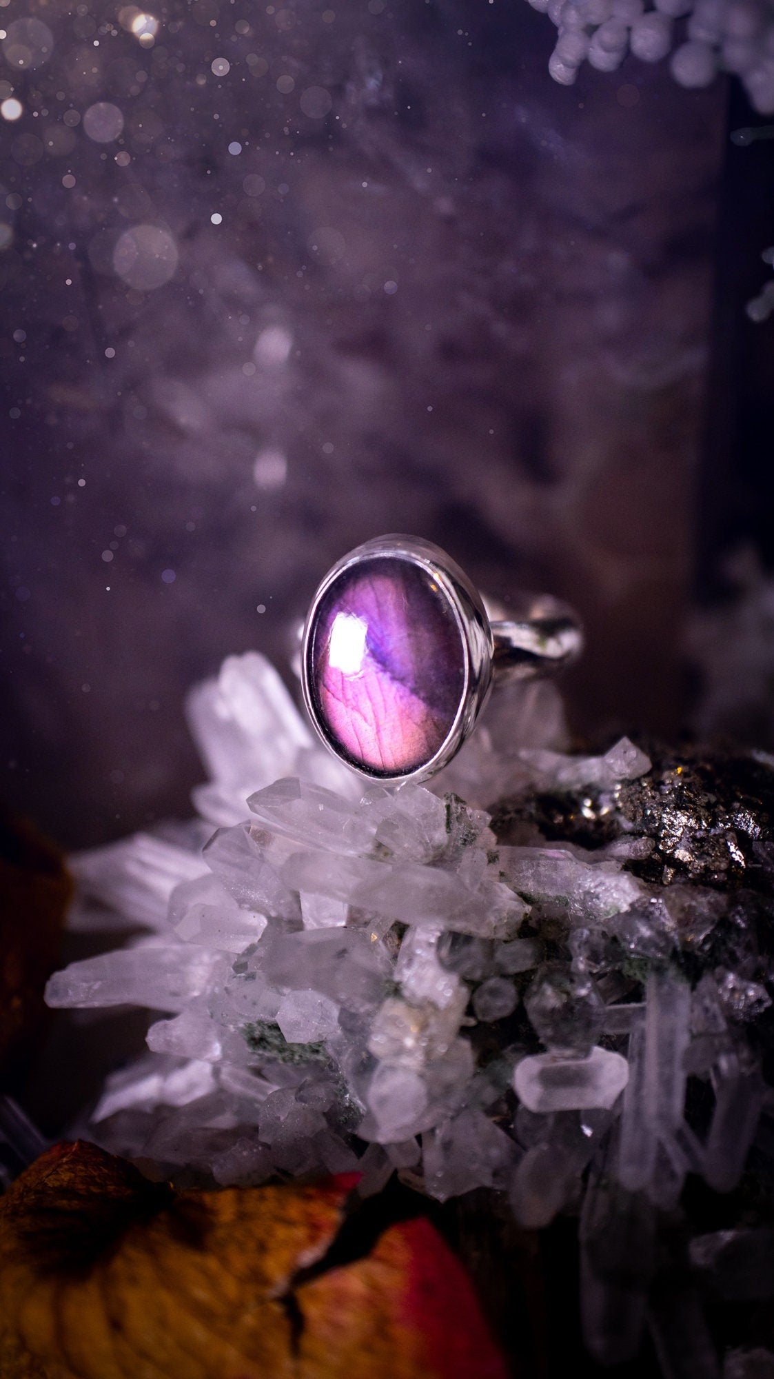 Stunning and natural, handcrafted, pink and purple labradorite spectrolite sterling silver stacking ring. This ring features a beautiful purple gemstone that has been mounted on a smooth ring shank. Dainty and minimalist. Gift for crystal lovers.