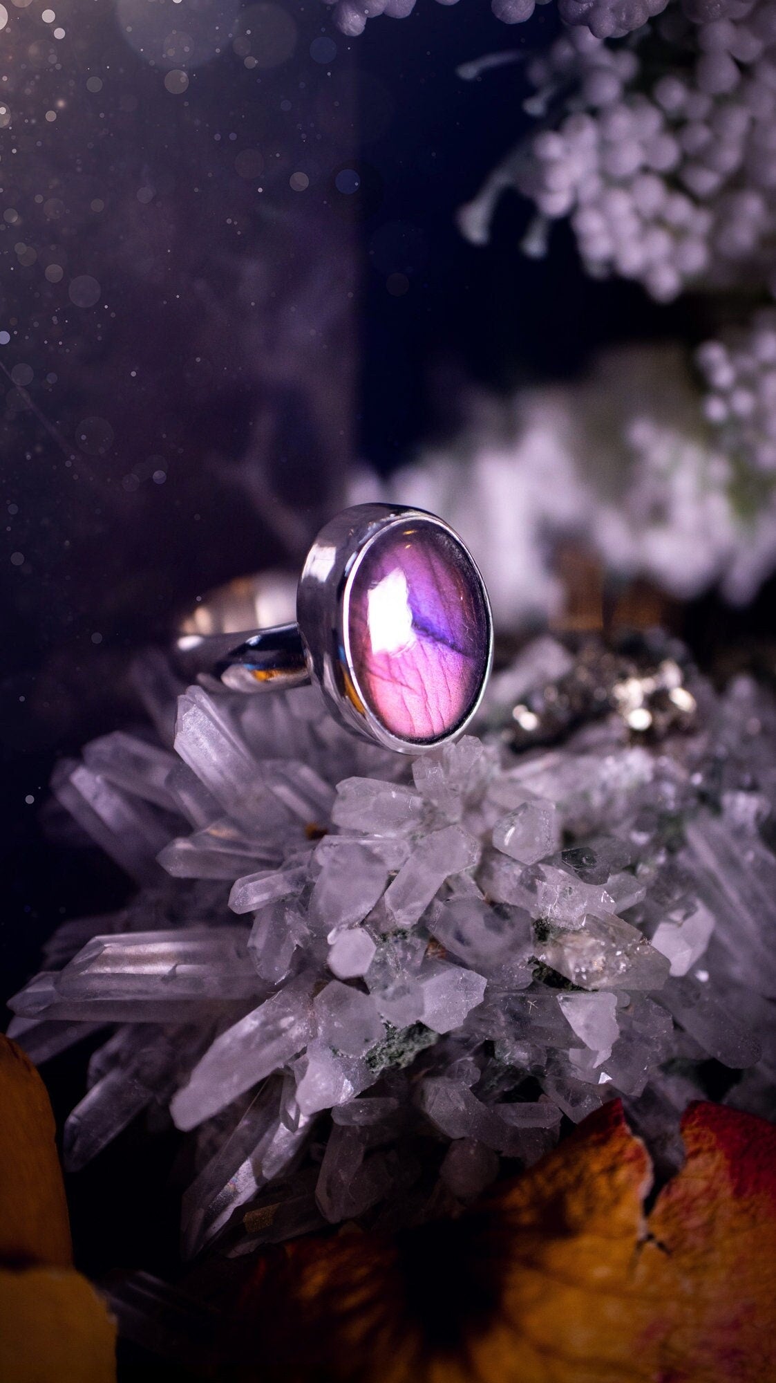 Stunning and natural, handcrafted, pink and purple labradorite spectrolite sterling silver stacking ring. This ring features a beautiful purple gemstone that has been mounted on a smooth ring shank. Dainty and minimalist. Gift for crystal lovers.