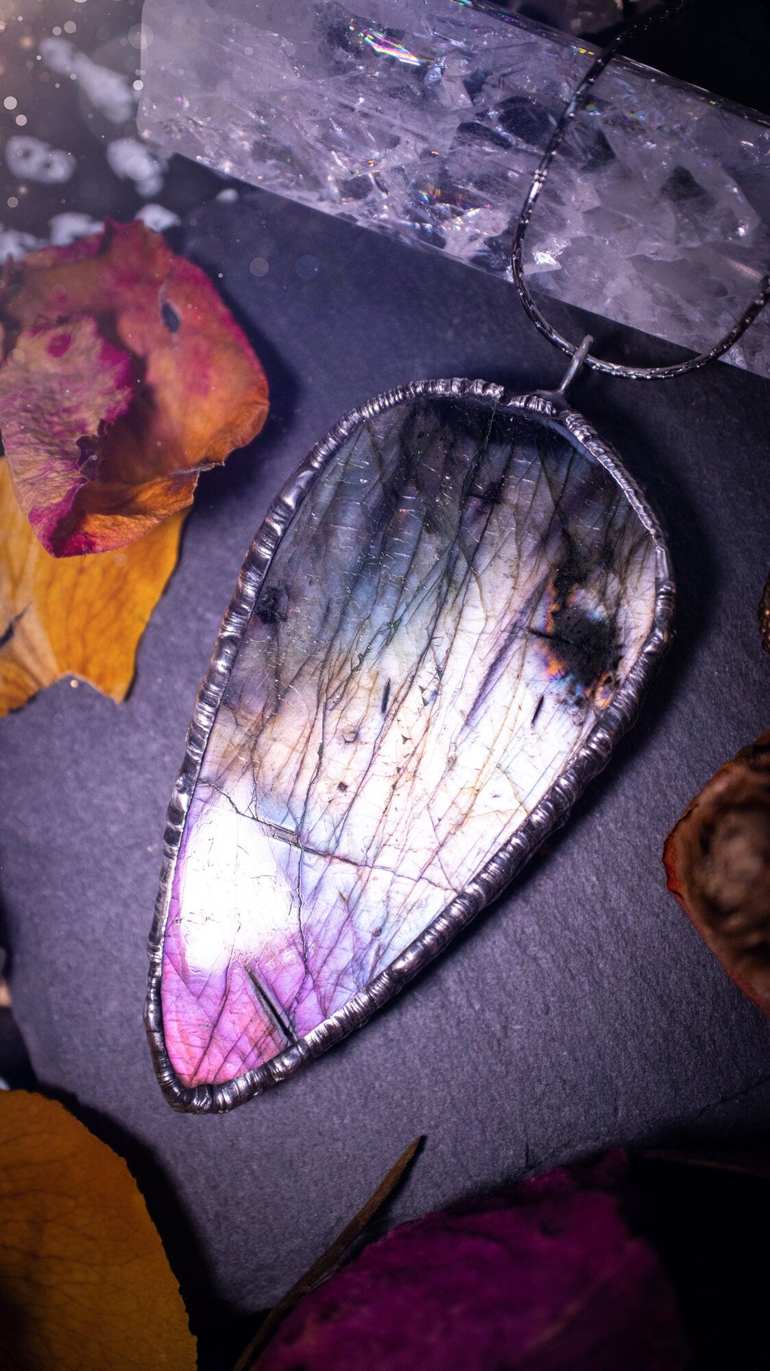 A very unique and stunning, handmade, silver with a pink tip, labradorite soft solder crystal pendant necklace. This pendant has been created using the tiffany technique and has a bezel made of solder which contains silver. Ideal gift for her and him