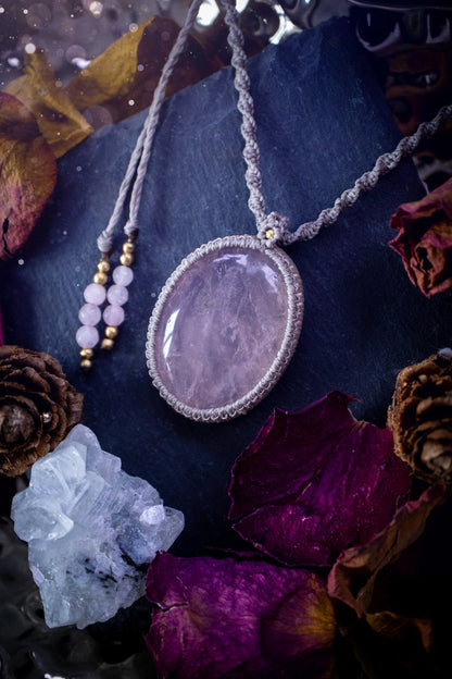 Handmade, natural rose quartz macrame pendant necklace. Featuring a beautiful Rose Quartz crystal which is full of inclusions and a little rainbow. Crafted with high quality linhastia wax cord, and accents on the necklace. Hippy gifts for her.