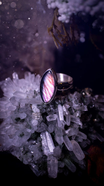 Stunning and handcrafted, natural pink and grey labradorite sterling silver stacking ring. This beautiful ring has been made from recycled sterling silver and has a stamped ring shank. Ideal for crystal and jewellery lovers. Hippy and witchy jewelry