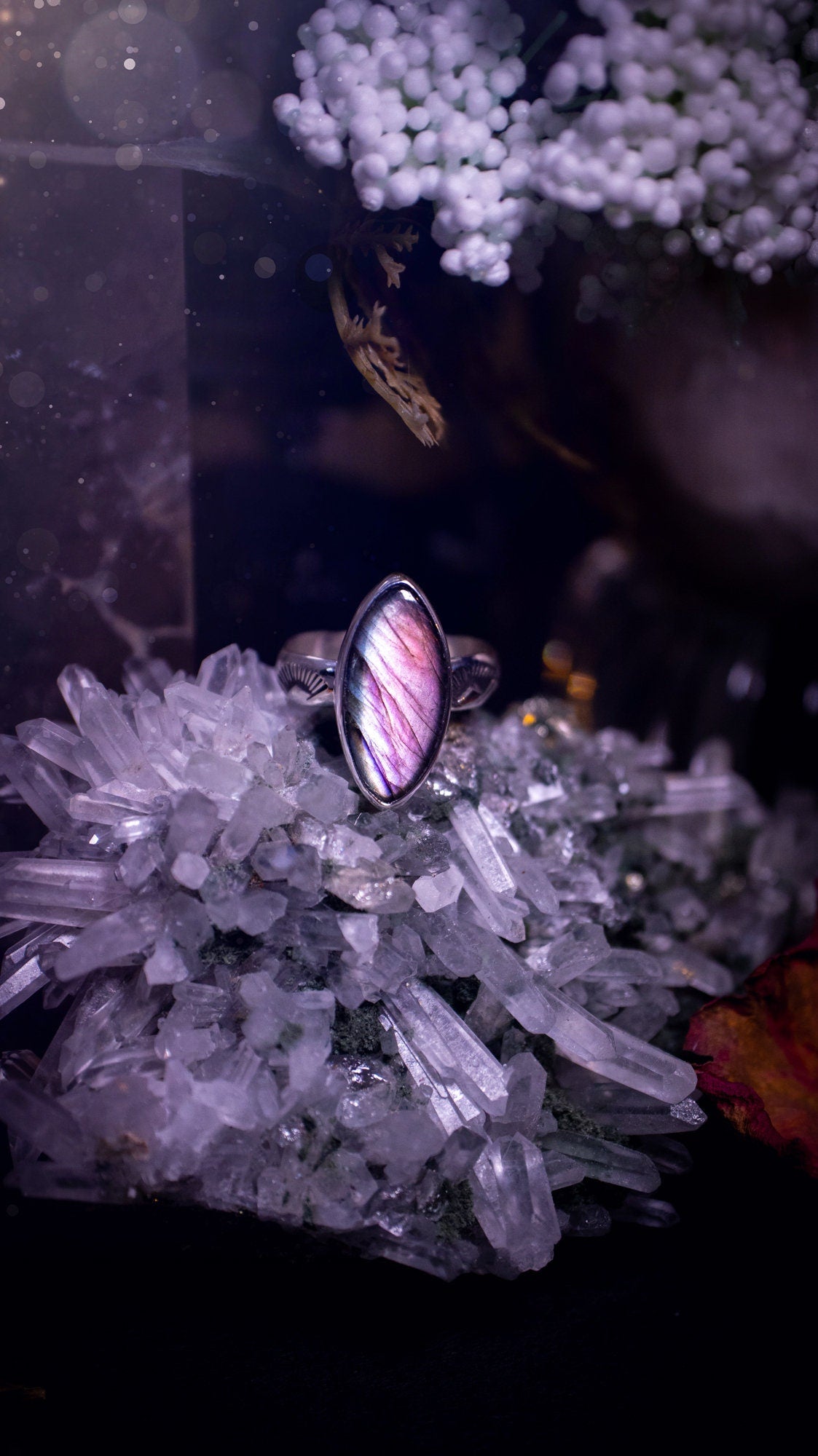 Stunning and handcrafted, natural pink and grey labradorite sterling silver stacking ring. This beautiful ring has been made from recycled sterling silver and has a stamped ring shank. Ideal for crystal and jewellery lovers. Hippy and witchy jewelry