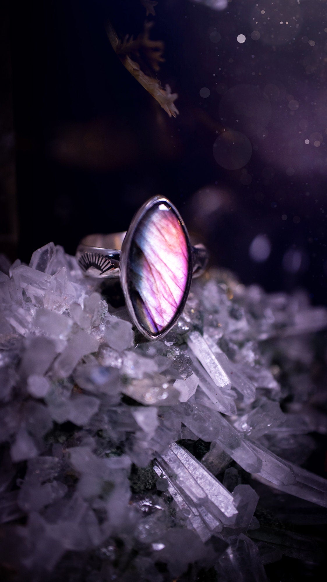 Stunning and handcrafted, natural pink and grey labradorite sterling silver stacking ring. This beautiful ring has been made from recycled sterling silver and has a stamped ring shank. Ideal for crystal and jewellery lovers. Hippy and witchy jewelry