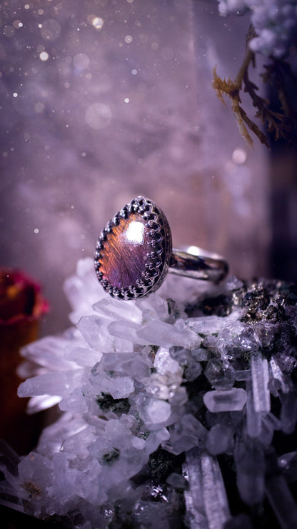 Stunning and handcrafted, natural purple labradorite sterling silver stacking ring. This beautiful ring has been made from recycled sterling silver and has a smooth ring shank. Size O. Ideal for crystal and jewellery lovers. Hippy and witch jewelry.