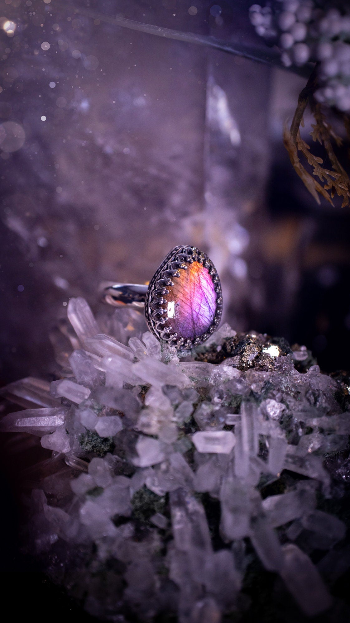 Stunning and handcrafted, natural purple labradorite sterling silver stacking ring. This beautiful ring has been made from recycled sterling silver and has a smooth ring shank. Size O. Ideal for crystal and jewellery lovers. Hippy and witch jewelry.