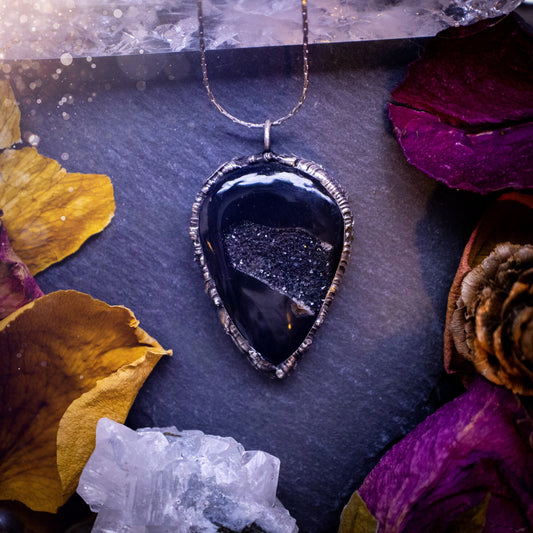 Beautiful black druzy onyx, soft soldered pendant necklace. This pendant has been made using the tiffany technique with lead free solder that contains silver. Featuring the most beautiful sparkly crystal. Gothic Jewellery. Crystals, witchy, gifts.