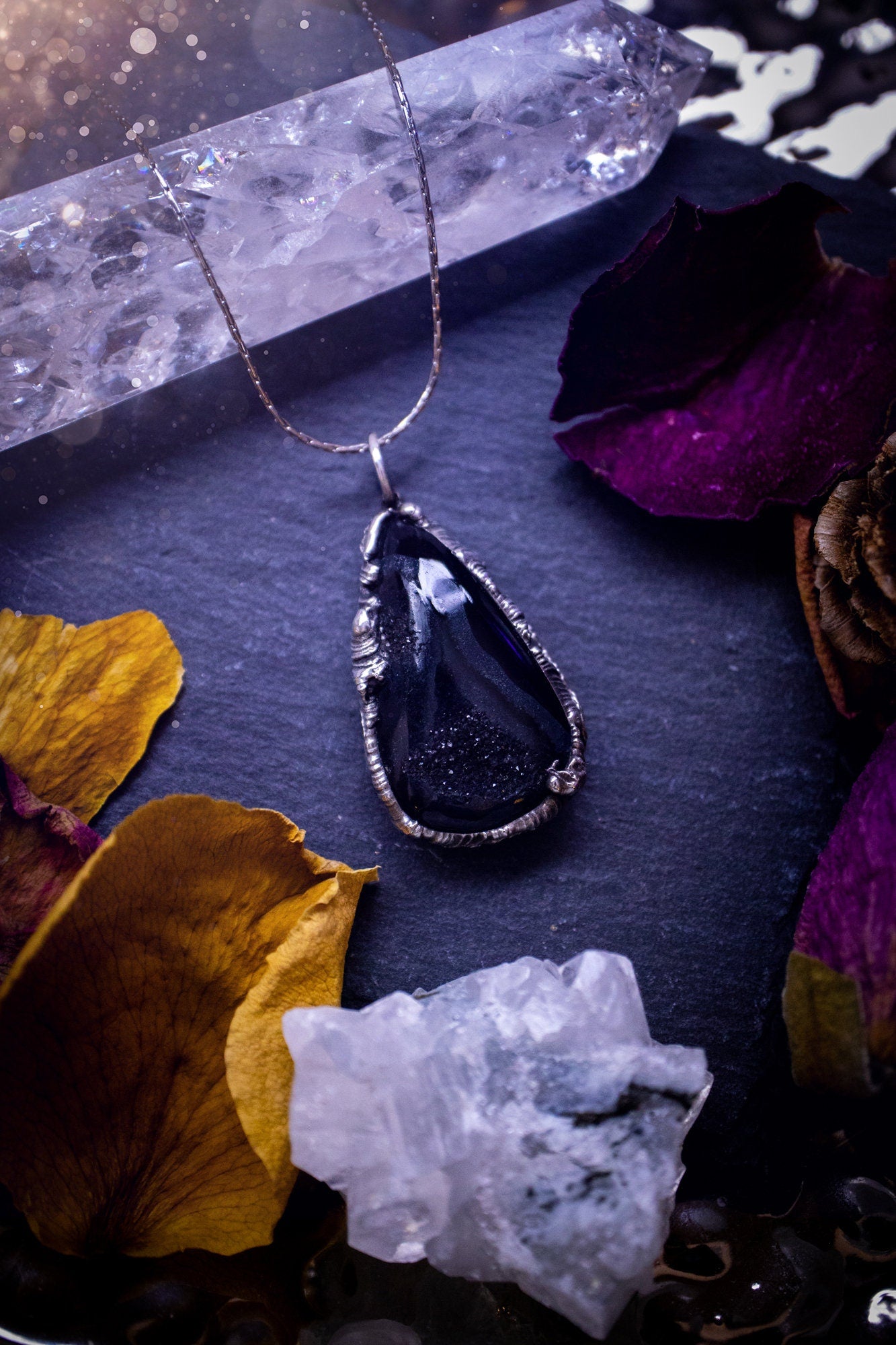 Beautiful black druzy onyx, soft soldered pendant necklace. This pendant has been made using the tiffany technique with lead free solder that contains silver. Featuring the most beautiful sparkly crystal. Gothic Jewellery. Crystals, witchy, gifts.