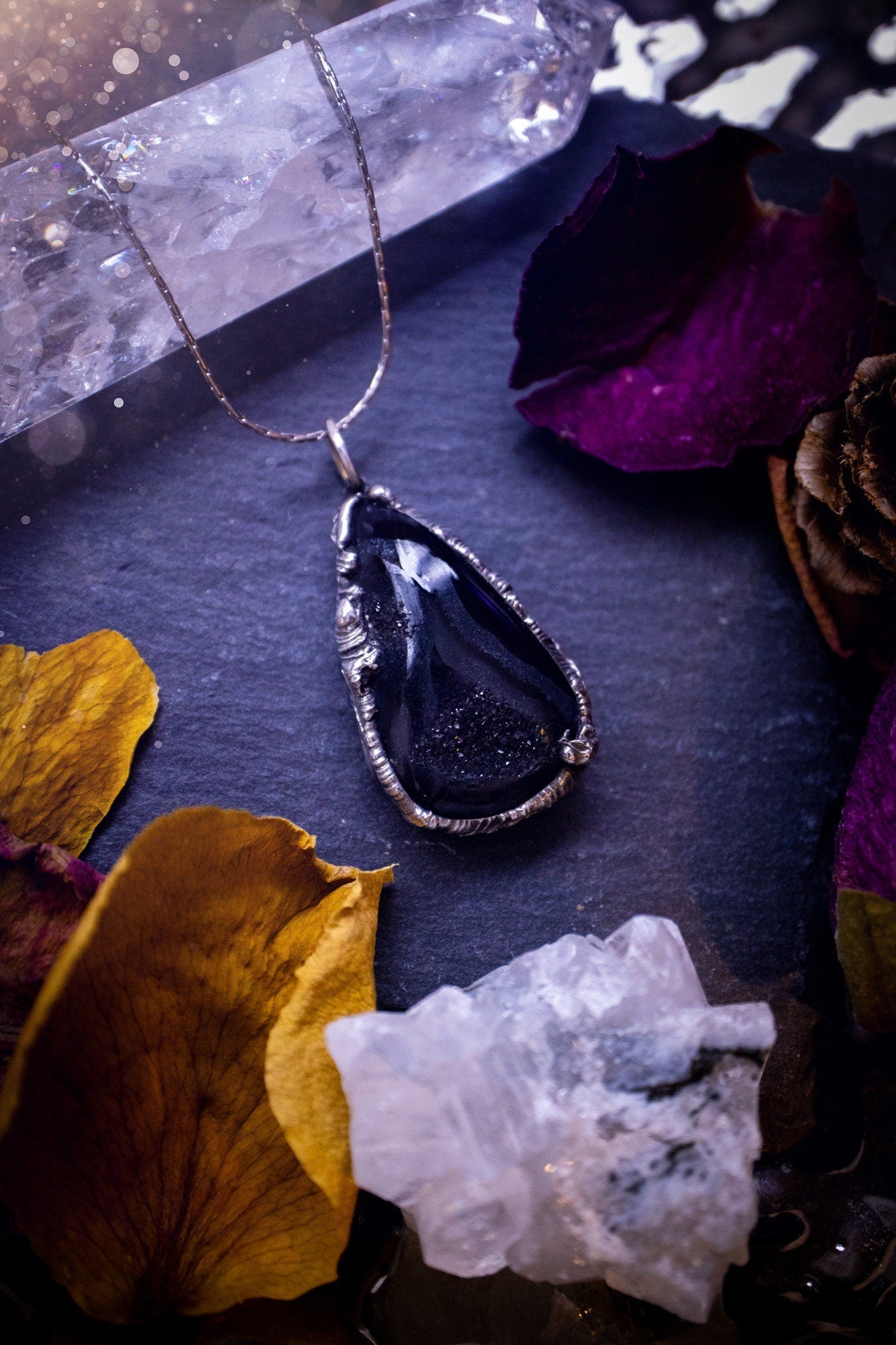 Beautiful black druzy onyx, soft soldered pendant necklace. This pendant has been made using the tiffany technique with lead free solder that contains silver. Featuring the most beautiful sparkly crystal. Gothic Jewellery. Crystals, witchy, gifts.