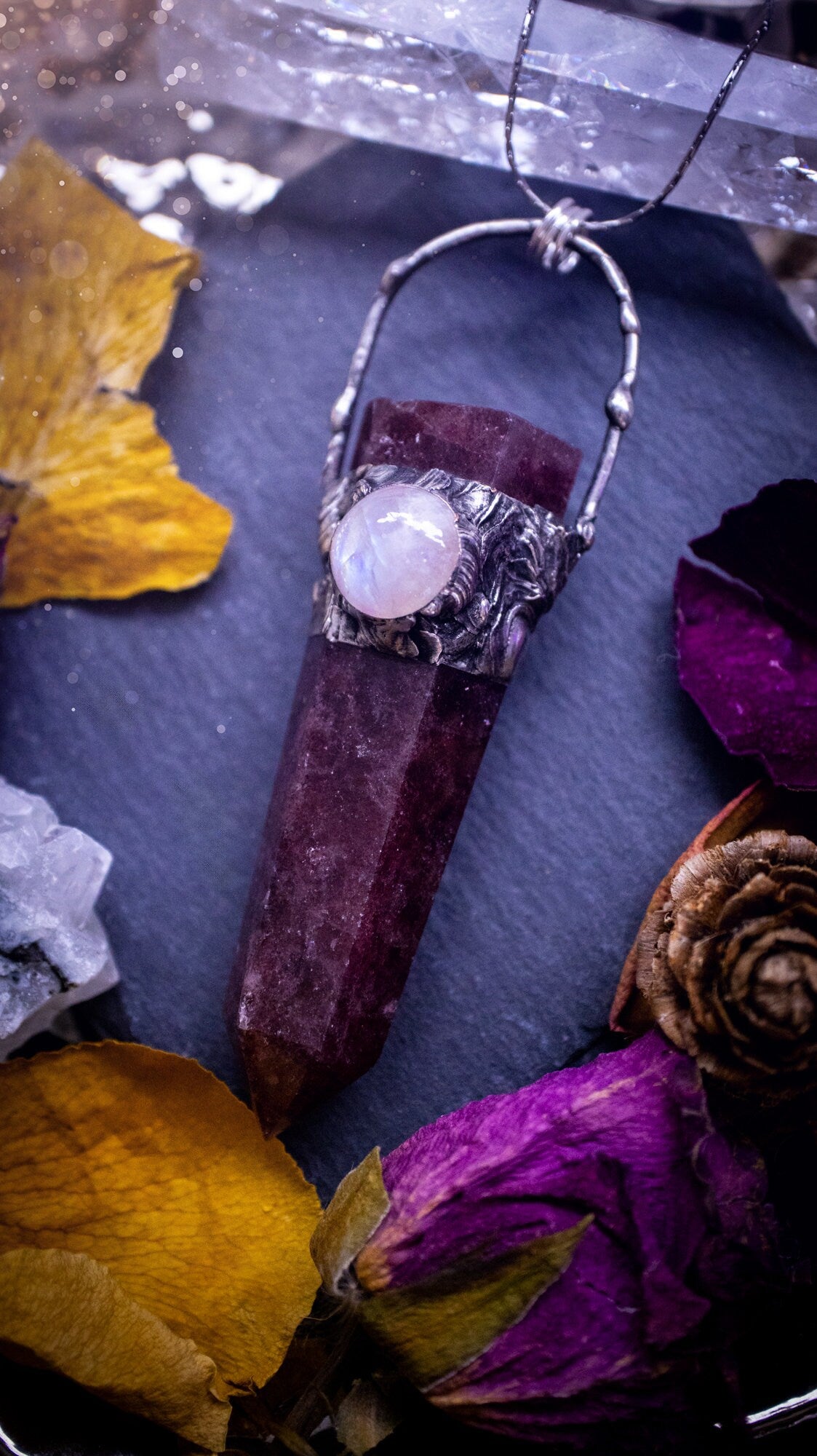 Beautiful strawberry quartz and rainbow moonstone talisman pendant necklace. This necklace has been created out of solder using the tiffany technique. Featuring a large strawberry quartz and a flashy moonstone. Gifts for witches, goths.