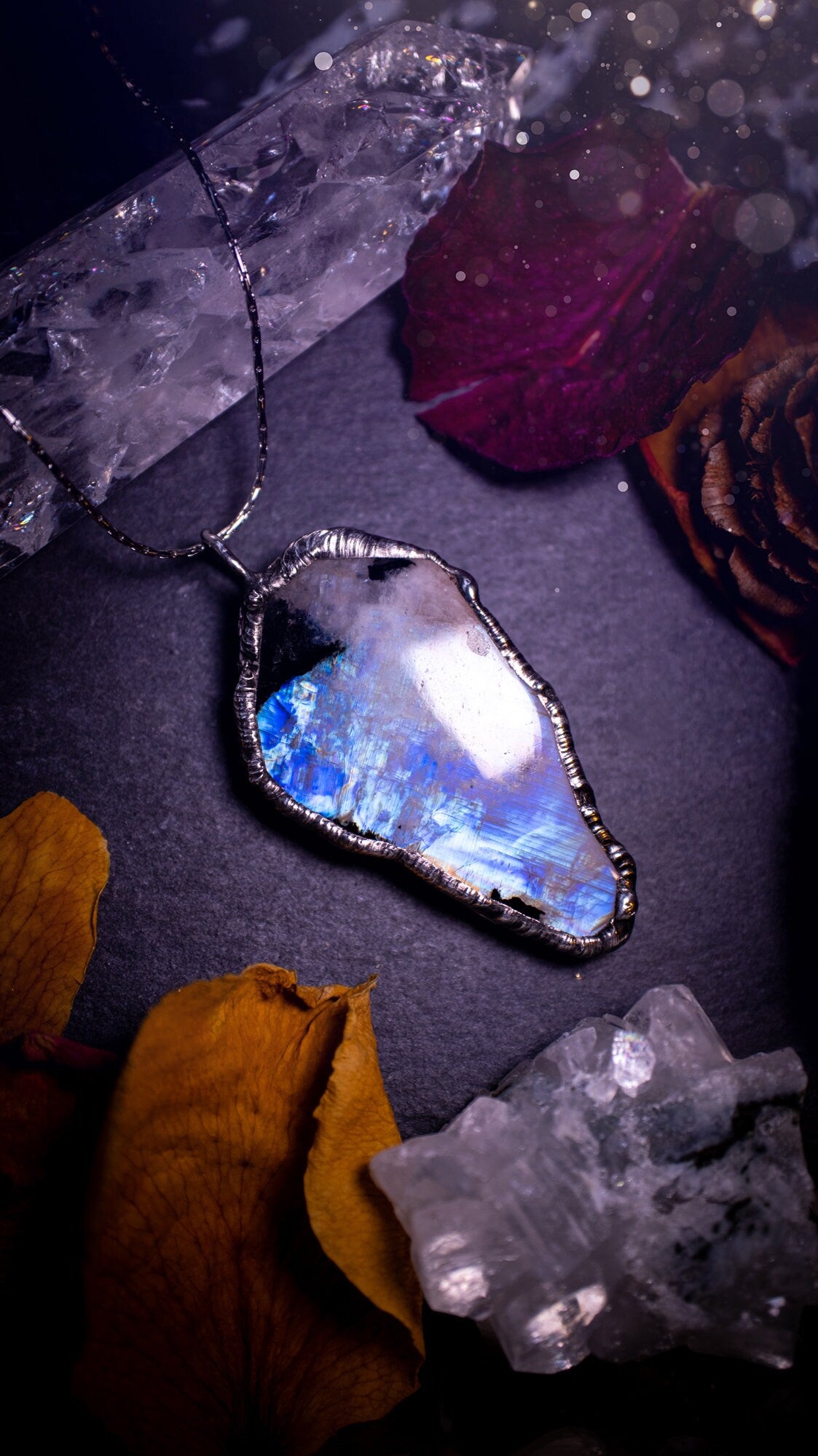 Handmade and beautiful rainbow moonstone crystal pendant necklace. This necklace has been made using the soft solder method also known as the tiffany technique. Moonstone is the birthstone for June. Ideal birthday gift, gothic and witch jewellery