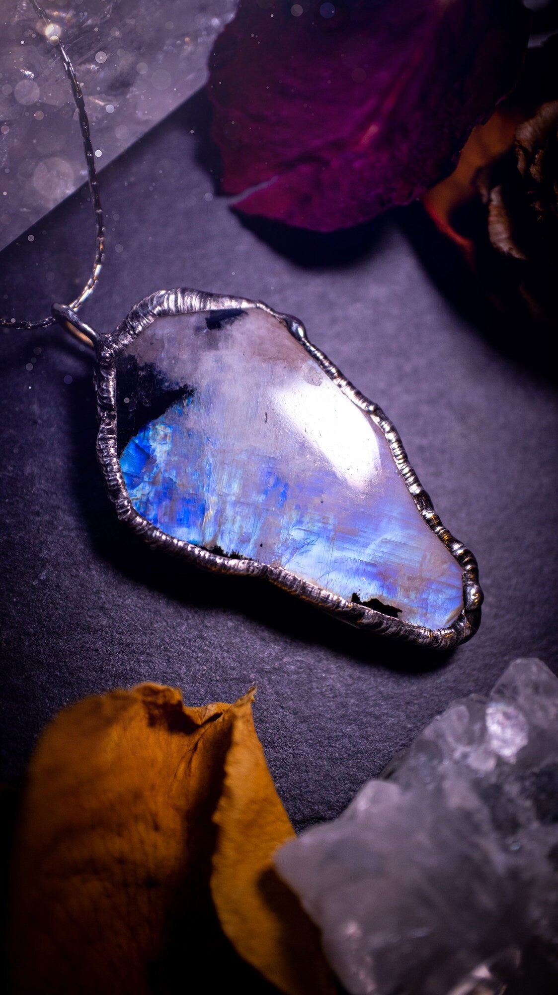 Handmade and beautiful rainbow moonstone crystal pendant necklace. This necklace has been made using the soft solder method also known as the tiffany technique. Moonstone is the birthstone for June. Ideal birthday gift, gothic and witch jewellery