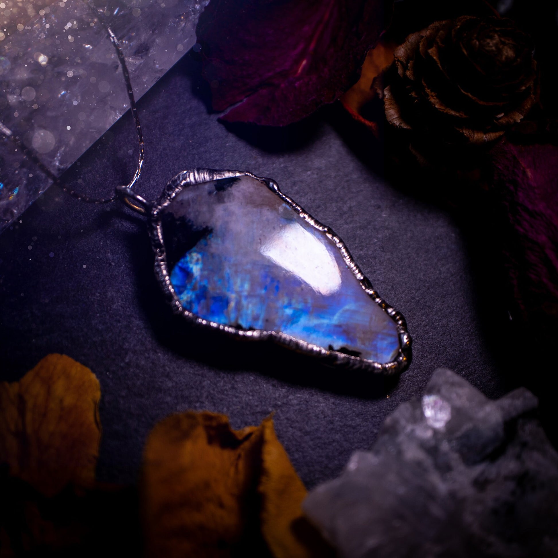 Handmade and beautiful rainbow moonstone crystal pendant necklace. This necklace has been made using the soft solder method also known as the tiffany technique. Moonstone is the birthstone for June. Ideal birthday gift, gothic and witch jewellery