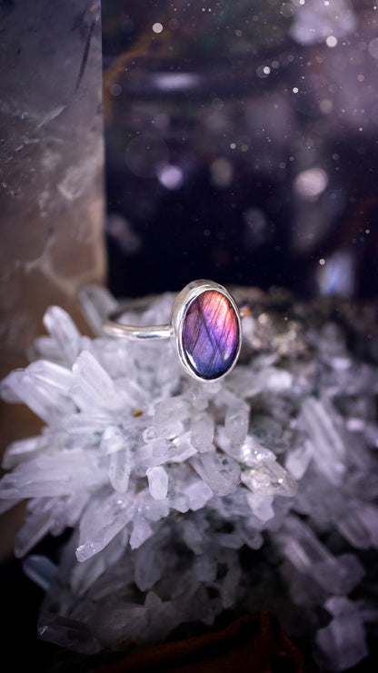 Beautiful and minimalistic, purple pink and blue labradorite crystal stacking ring. This ring has been made by hand, and is crafted from recycled sterling silver. Featuring the most bold, purple labradorite spectrolite crystal. Gifts for her, hippy