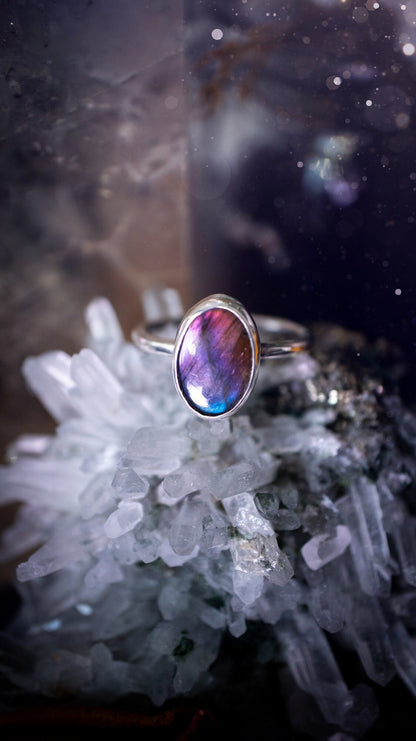 Beautiful and minimalistic, purple pink and blue labradorite crystal stacking ring. This ring has been made by hand, and is crafted from recycled sterling silver. Featuring the most bold, purple labradorite spectrolite crystal. Gifts for her, hippy