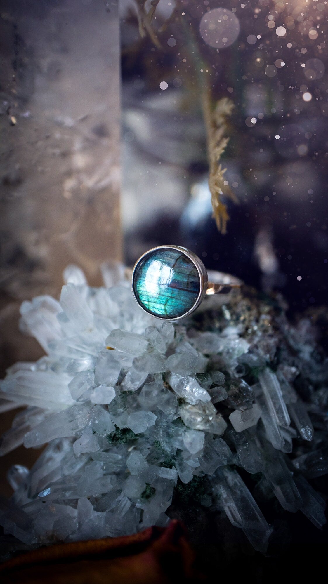 Beautiful and minimalistic, green and blue labradorite crystal stacking ring. This ring has been made by hand, and is crafted from recycled sterling silver. Featuring the most bold, green and blue labradorite spectrolite crystal. Gifts for her, hippy