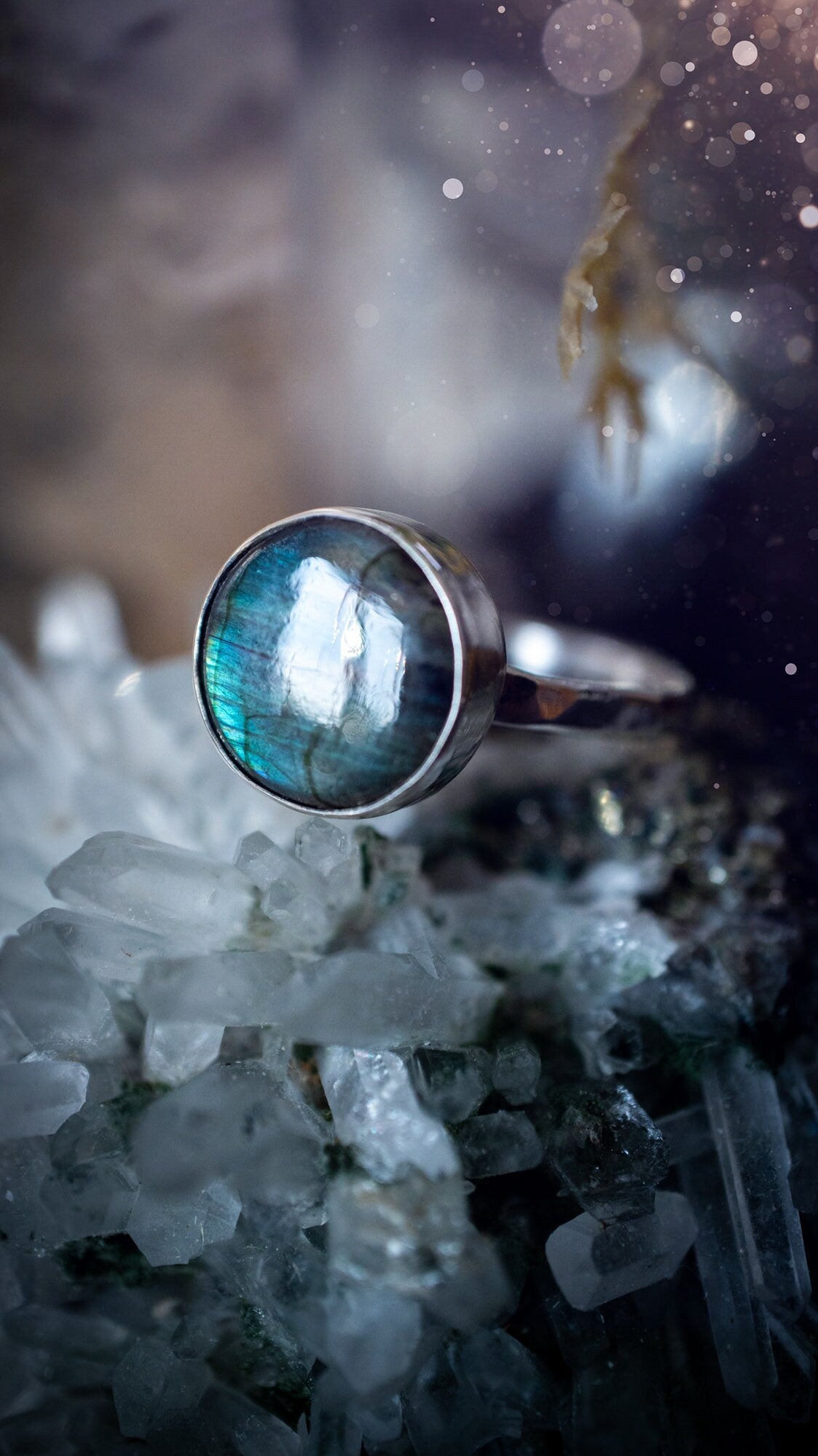 Beautiful and minimalistic, green and blue labradorite crystal stacking ring. This ring has been made by hand, and is crafted from recycled sterling silver. Featuring the most bold, green and blue labradorite spectrolite crystal. Gifts for her, hippy