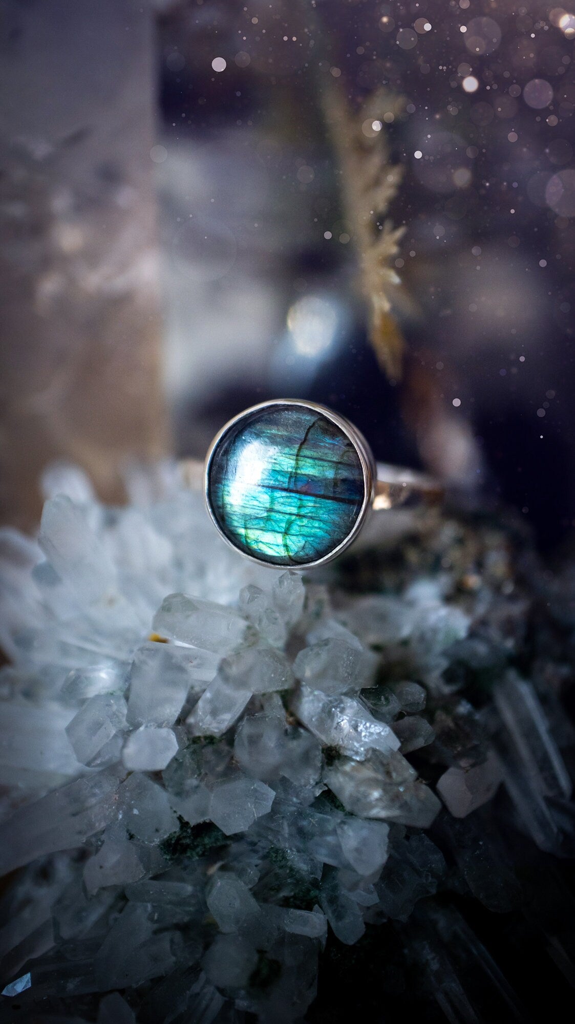 Beautiful and minimalistic, green and blue labradorite crystal stacking ring. This ring has been made by hand, and is crafted from recycled sterling silver. Featuring the most bold, green and blue labradorite spectrolite crystal. Gifts for her, hippy