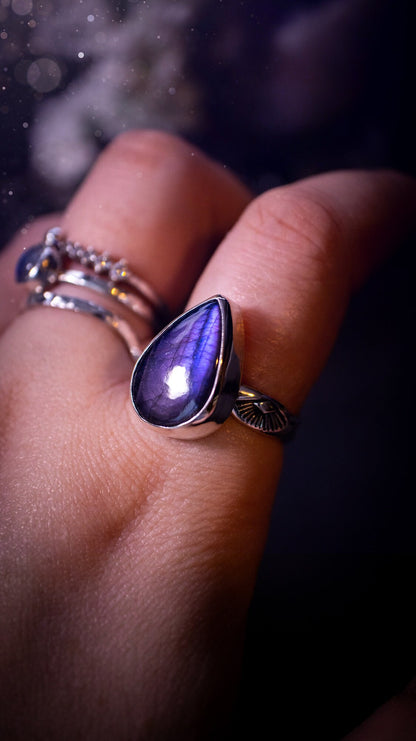 Stunning and handcrafted, natural purple labradorite sterling silver stacking ring. This beautiful ring has been made from recycled sterling silver and has a stamped ring shank. Size S. Ideal for crystal and jewellery lovers. Hippy and witch jewelry