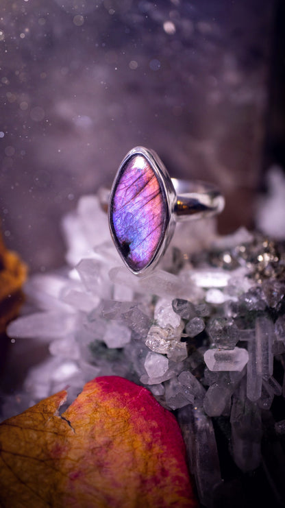 Stunning and handcrafted, natural pink and purple labradorite sterling silver stacking ring. This beautiful ring has been made from recycled sterling silver and has a smooth ring shank. Ideal for crystal and jewellery lovers. Hippy and witchy jewelry