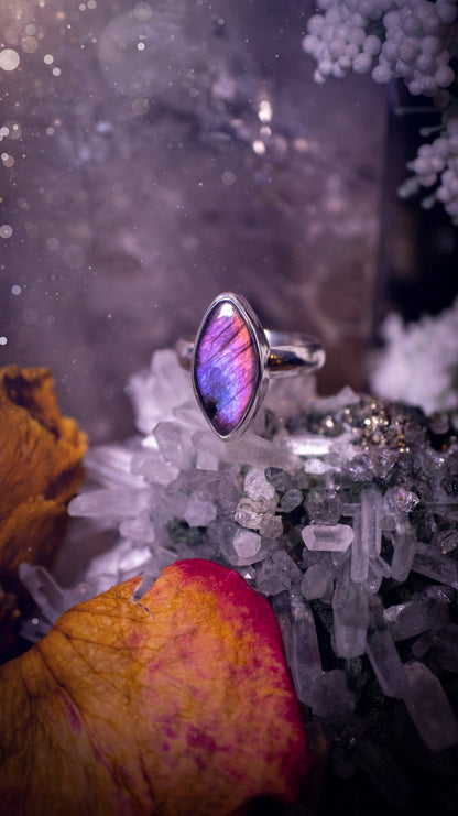 Stunning and handcrafted, natural pink and purple labradorite sterling silver stacking ring. This beautiful ring has been made from recycled sterling silver and has a smooth ring shank. Ideal for crystal and jewellery lovers. Hippy and witchy jewelry