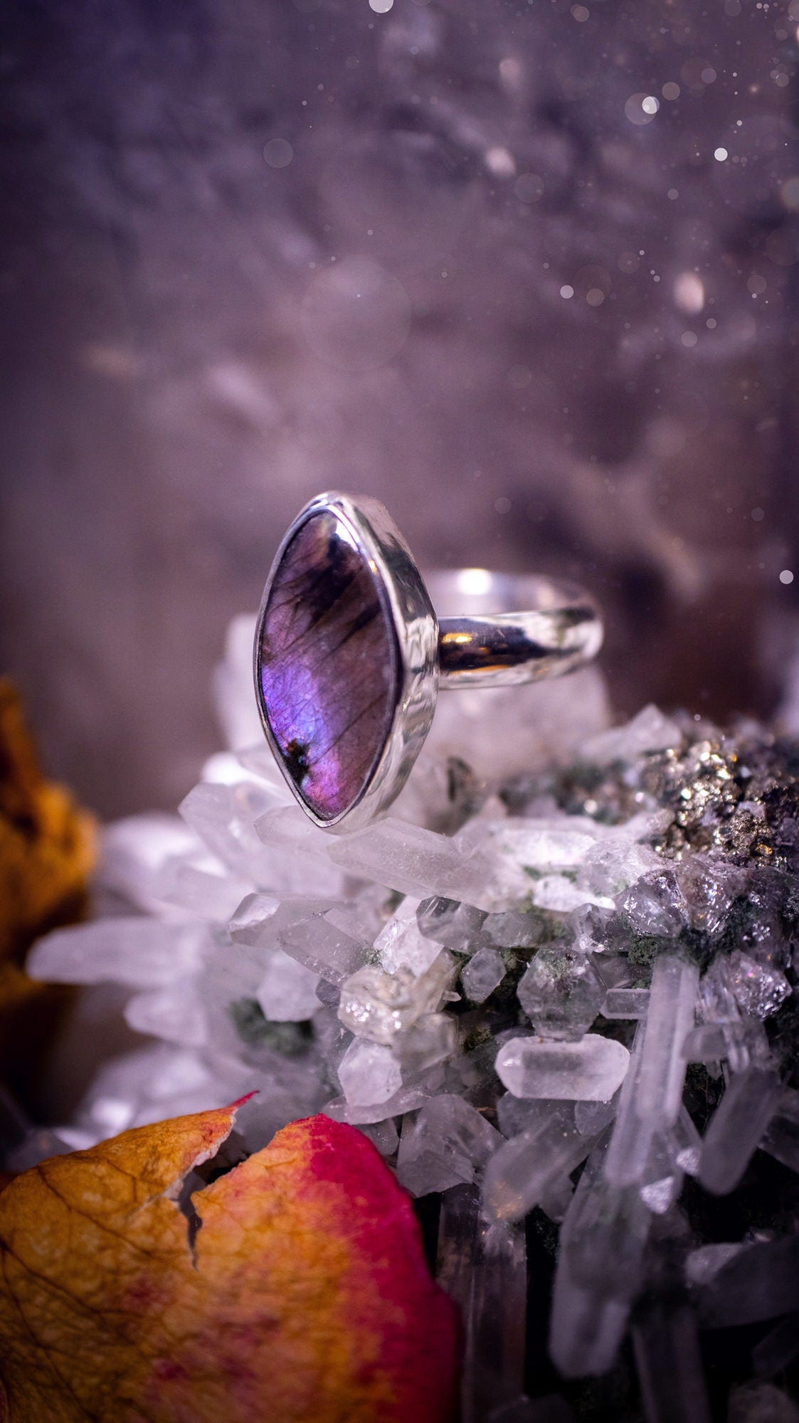 Stunning and handcrafted, natural pink and purple labradorite sterling silver stacking ring. This beautiful ring has been made from recycled sterling silver and has a smooth ring shank. Ideal for crystal and jewellery lovers. Hippy and witchy jewelry