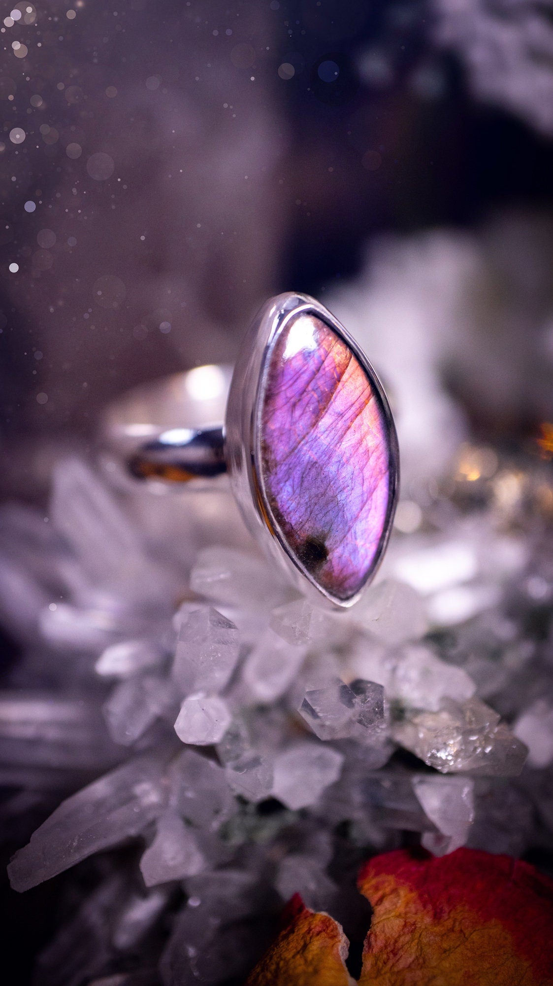 Stunning and handcrafted, natural pink and purple labradorite sterling silver stacking ring. This beautiful ring has been made from recycled sterling silver and has a smooth ring shank. Ideal for crystal and jewellery lovers. Hippy and witchy jewelry