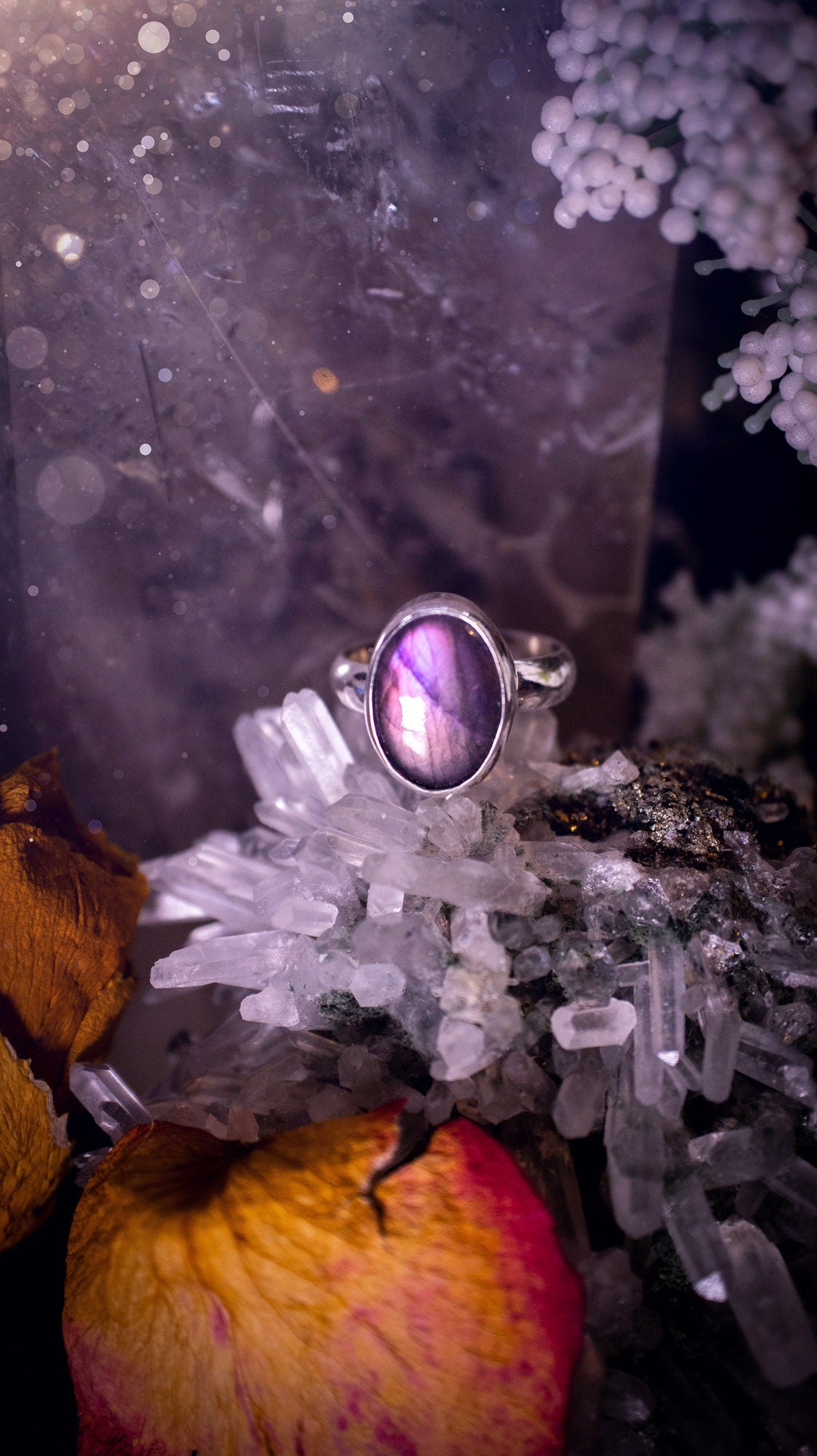 Stunning and natural, handcrafted, pink and purple labradorite spectrolite sterling silver stacking ring. This ring features a beautiful purple gemstone that has been mounted on a smooth ring shank. Dainty and minimalist. Gift for crystal lovers.