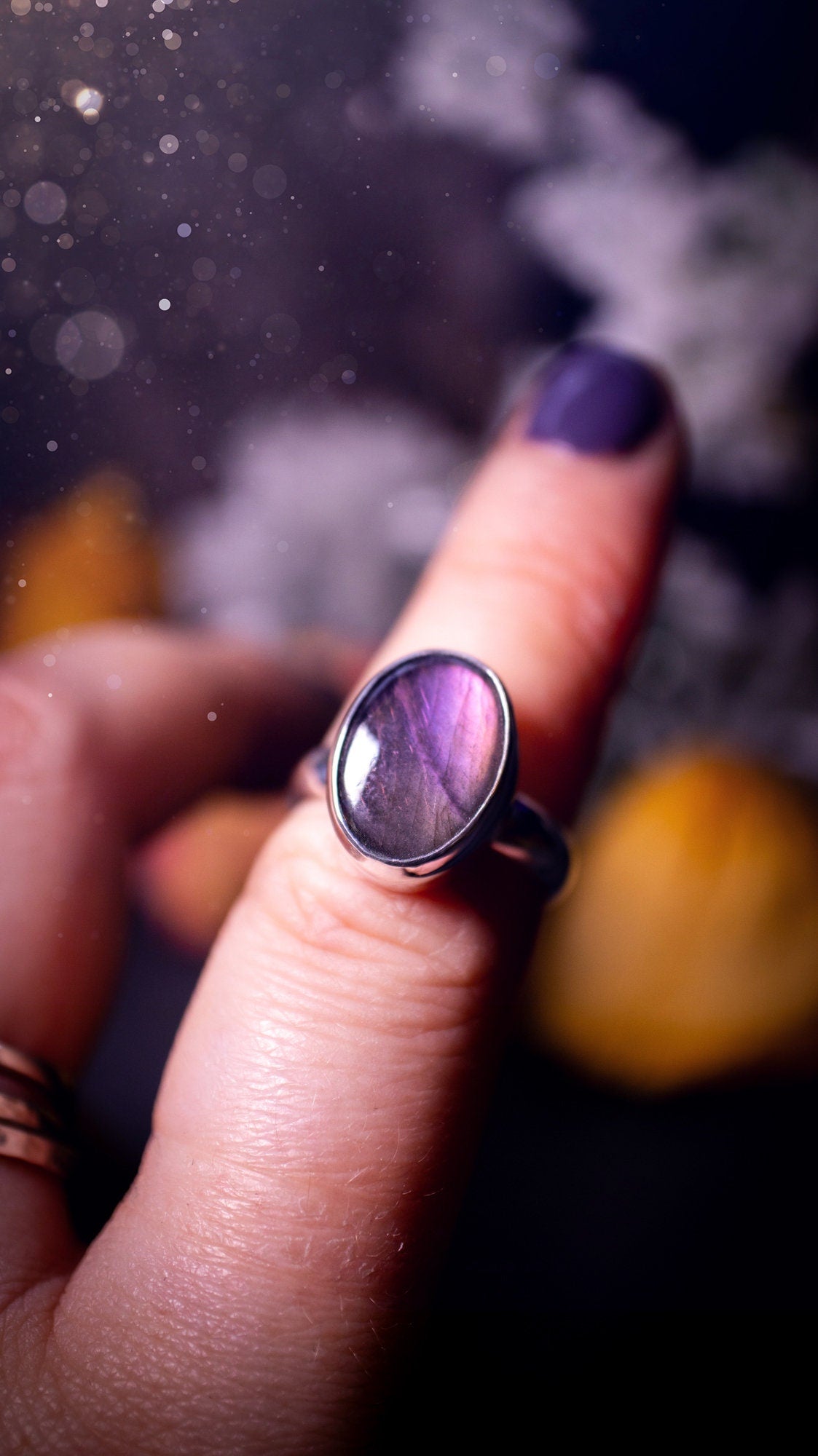 Stunning and natural, handcrafted, pink and purple labradorite spectrolite sterling silver stacking ring. This ring features a beautiful purple gemstone that has been mounted on a smooth ring shank. Dainty and minimalist. Gift for crystal lovers.