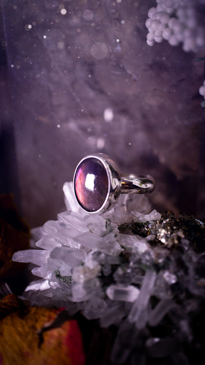 Stunning and natural, handcrafted, pink and purple labradorite spectrolite sterling silver stacking ring. This ring features a beautiful purple gemstone that has been mounted on a smooth ring shank. Dainty and minimalist. Gift for crystal lovers.