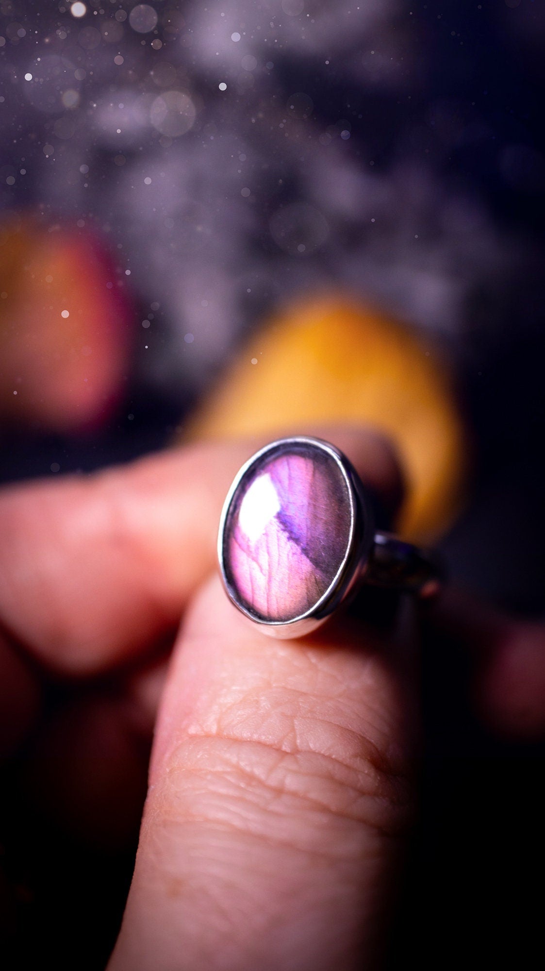 Stunning and natural, handcrafted, pink and purple labradorite spectrolite sterling silver stacking ring. This ring features a beautiful purple gemstone that has been mounted on a smooth ring shank. Dainty and minimalist. Gift for crystal lovers.