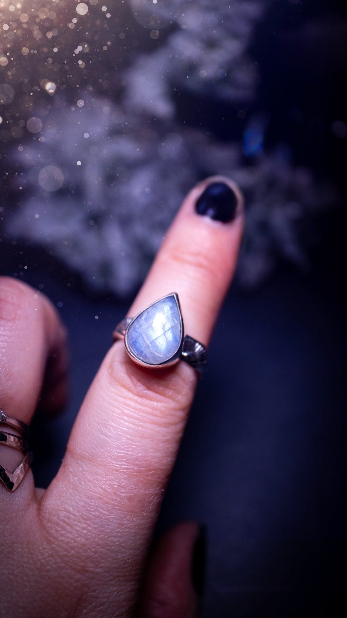 Stunning and handcrafted, natural rainbow moonstone sterling silver stacking ring. This beautiful ring has been made from recycled sterling silver and has a stamped ring shank. Size L. Ideal for crystal and jewellery lovers. Hippy and witch jewelry