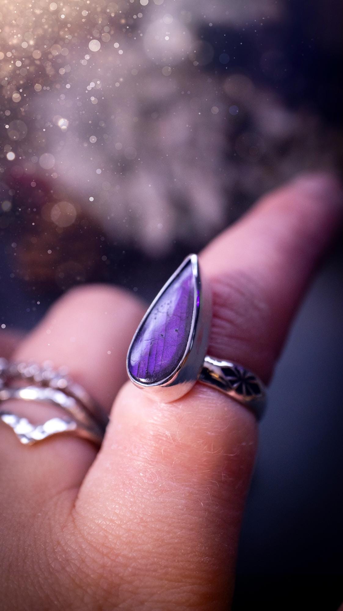 Stunning and handcrafted, natural purple labradorite sterling silver stacking ring. This beautiful ring has been made from recycled sterling silver and has a stamped ring shank. Size O. Ideal for crystal and jewellery lovers. Hippy and witch gifts