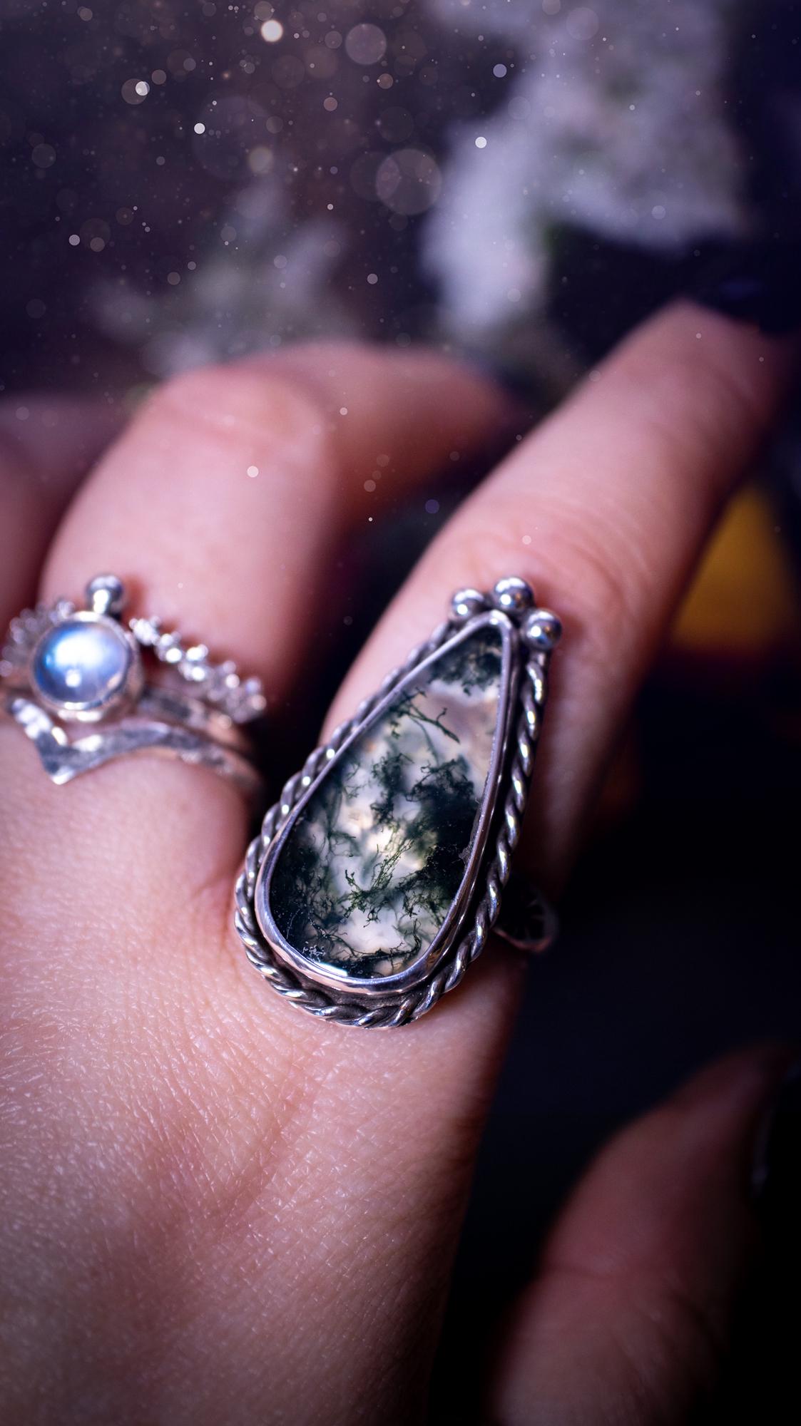 Stunning and natural, handmade moss agate, sterling silver, crystal statement ring. Made from recycled silver and love and care. Featuring a large, beautiful moss agate crystal with silver ball components and twisted wire. Handmade gifts. Gothic