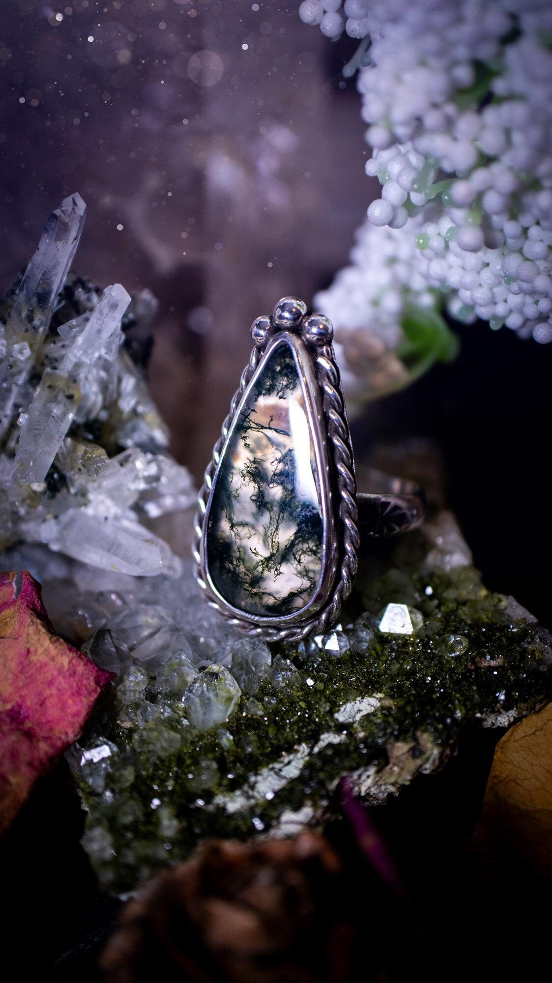 Stunning and natural, handmade moss agate, sterling silver, crystal statement ring. Made from recycled silver and love and care. Featuring a large, beautiful moss agate crystal with silver ball components and twisted wire. Handmade gifts. Gothic