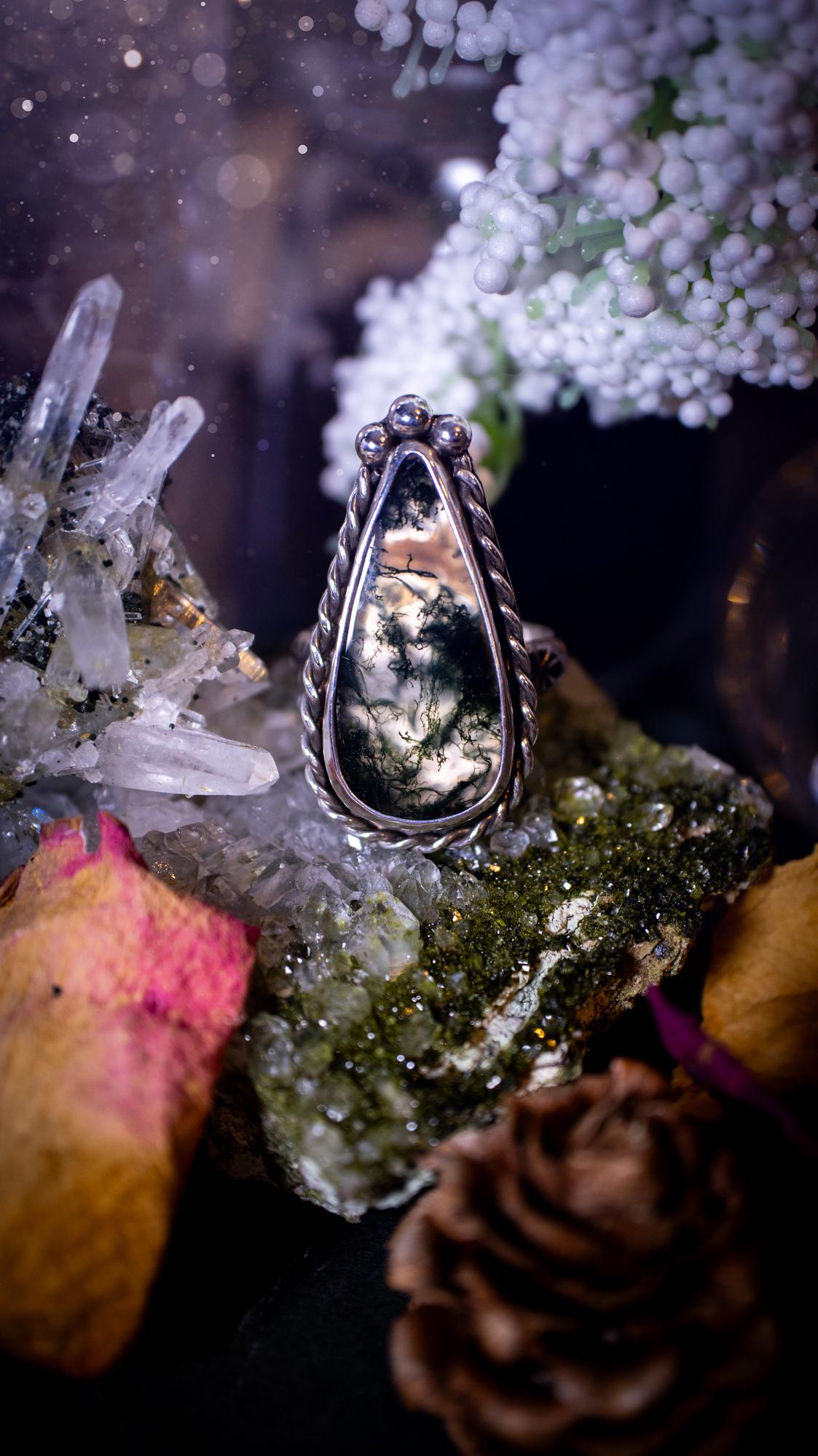 Stunning and natural, handmade moss agate, sterling silver, crystal statement ring. Made from recycled silver and love and care. Featuring a large, beautiful moss agate crystal with silver ball components and twisted wire. Handmade gifts. Gothic