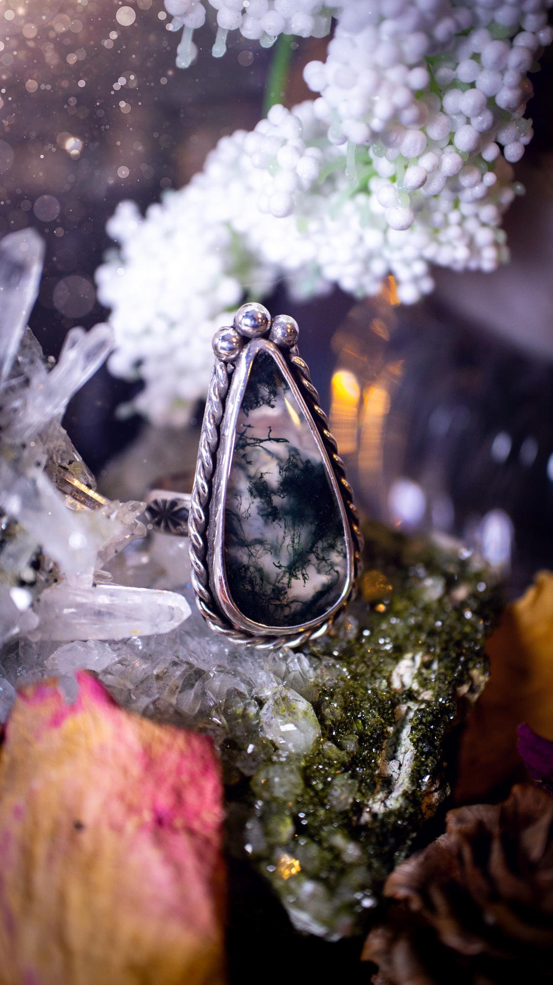 Stunning and natural, handmade moss agate, sterling silver, crystal statement ring. Made from recycled silver and love and care. Featuring a large, beautiful moss agate crystal with silver ball components and twisted wire. Handmade gifts. Gothic