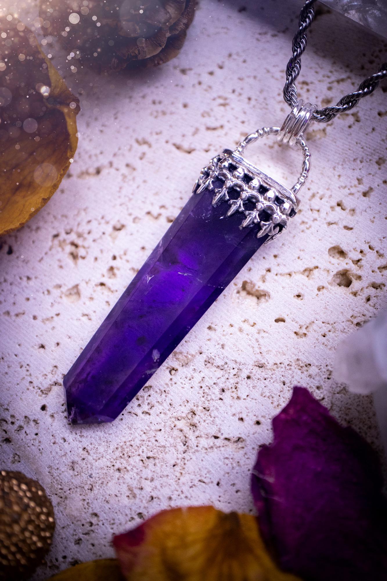 Stunning and handmade, deep purple amethyst tower pendant necklace. This beautiful crystal necklace is handcrafted and made from recycled sterling silver. Featuring a minimalistic design and fancy gallery wire for the bezel. Ideal crystal gift