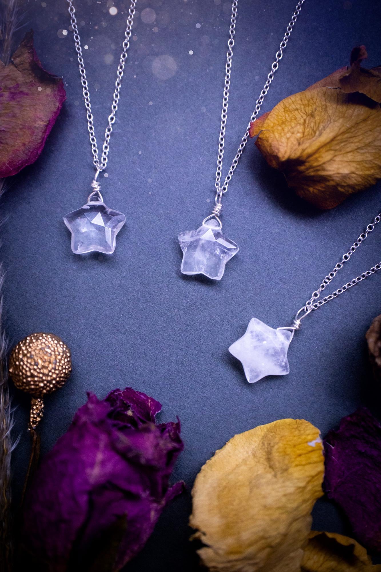 Beautiful and natural, handmade crystal quartz star pendant necklace. This dainty little necklace features a gorgeous crystal quartz star that comes on a sterling silver cable chain. Ideal for little gifts to friends and family, or crystal lovers.