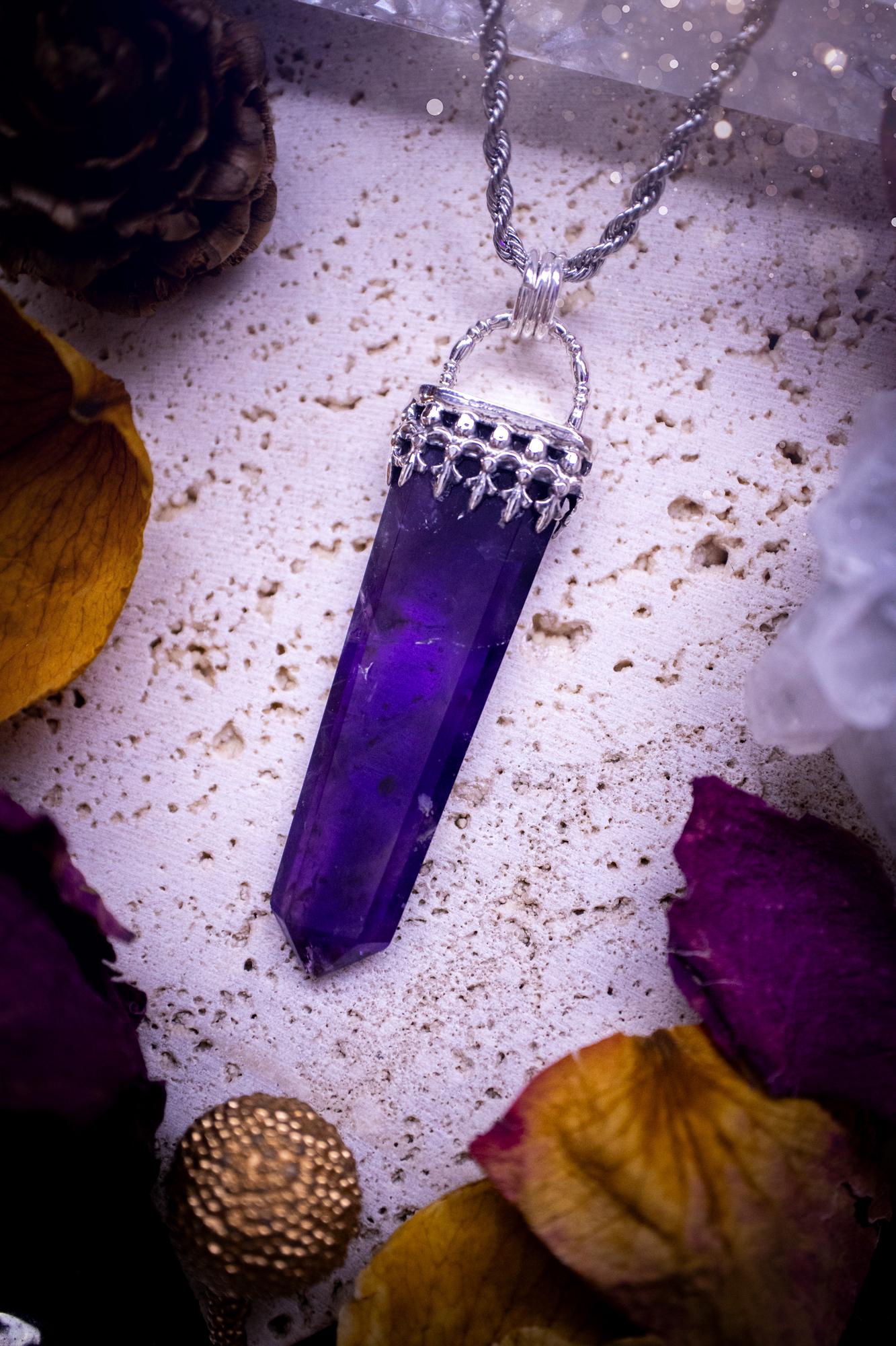 Stunning and handmade, deep purple amethyst tower pendant necklace. This beautiful crystal necklace is handcrafted and made from recycled sterling silver. Featuring a minimalistic design and fancy gallery wire for the bezel. Ideal crystal gift