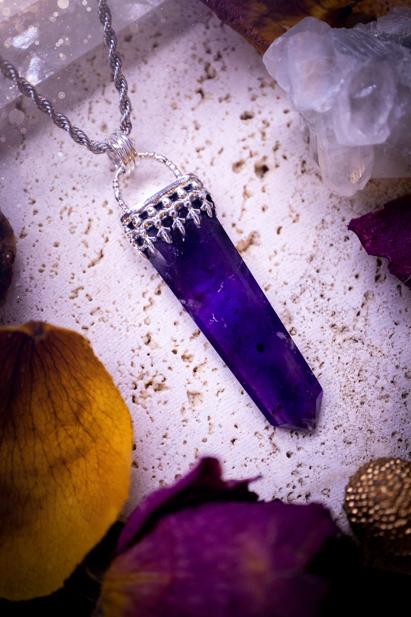 Stunning and handmade, deep purple amethyst tower pendant necklace. This beautiful crystal necklace is handcrafted and made from recycled sterling silver. Featuring a minimalistic design and fancy gallery wire for the bezel. Ideal crystal gift