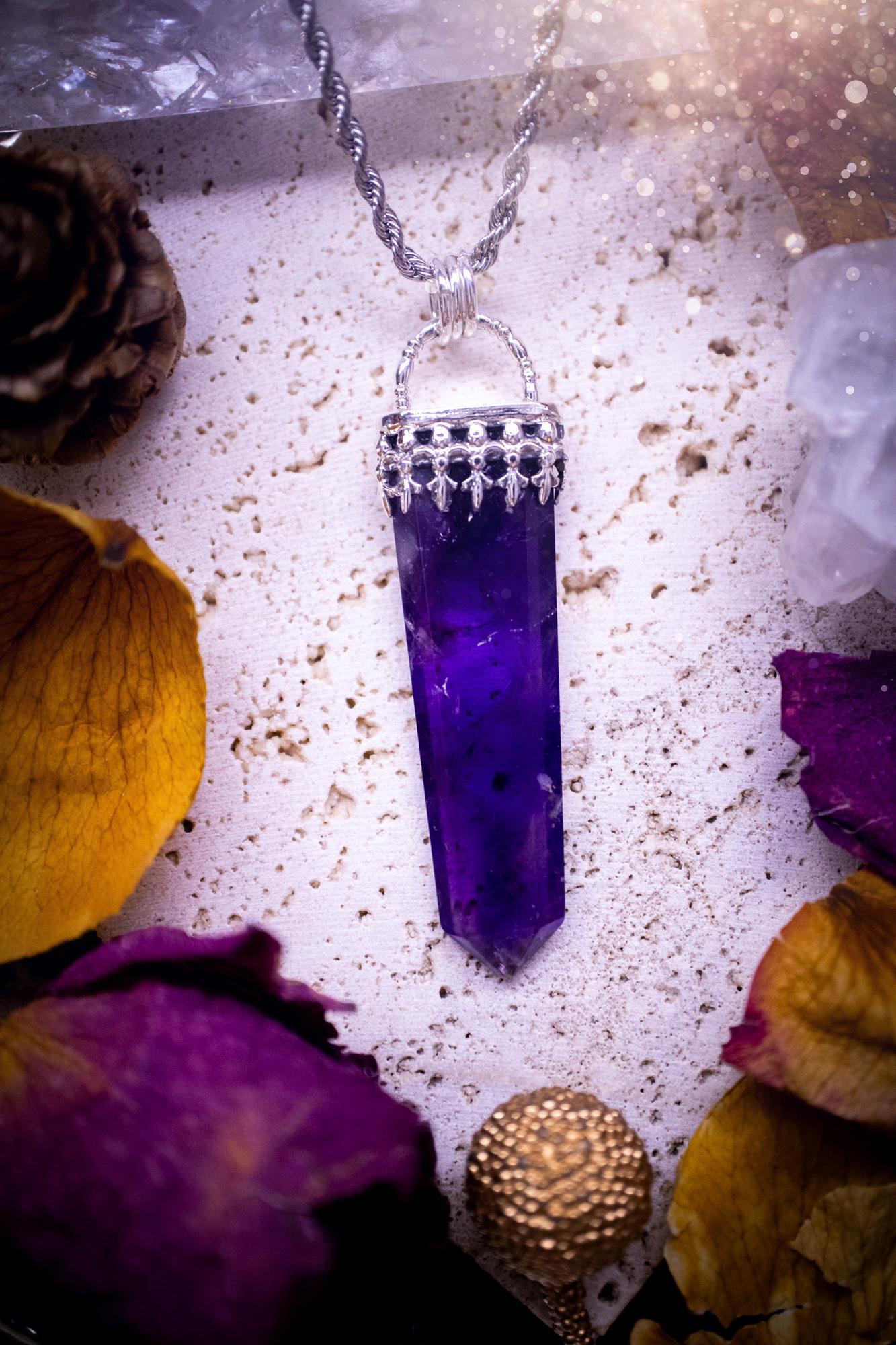 Stunning and handmade, deep purple amethyst tower pendant necklace. This beautiful crystal necklace is handcrafted and made from recycled sterling silver. Featuring a minimalistic design and fancy gallery wire for the bezel. Ideal crystal gift