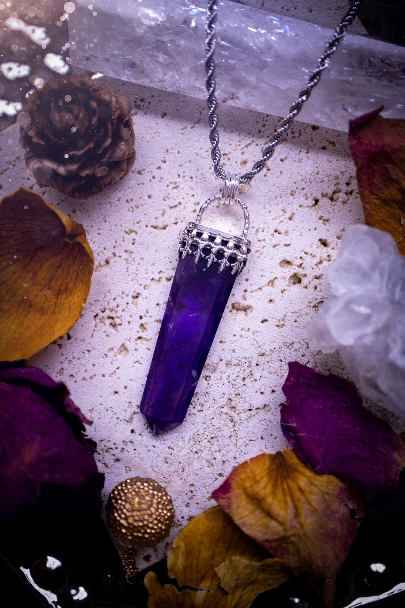 Stunning and handmade, deep purple amethyst tower pendant necklace. This beautiful crystal necklace is handcrafted and made from recycled sterling silver. Featuring a minimalistic design and fancy gallery wire for the bezel. Ideal crystal gift