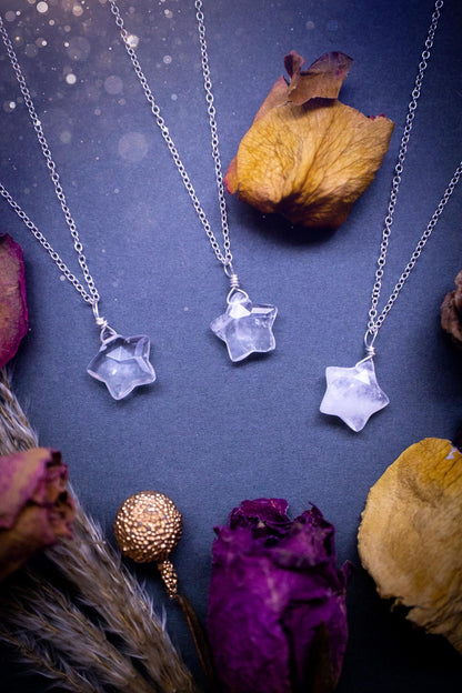 Beautiful and natural, handmade crystal quartz star pendant necklace. This dainty little necklace features a gorgeous crystal quartz star that comes on a sterling silver cable chain. Ideal for little gifts to friends and family, or crystal lovers.