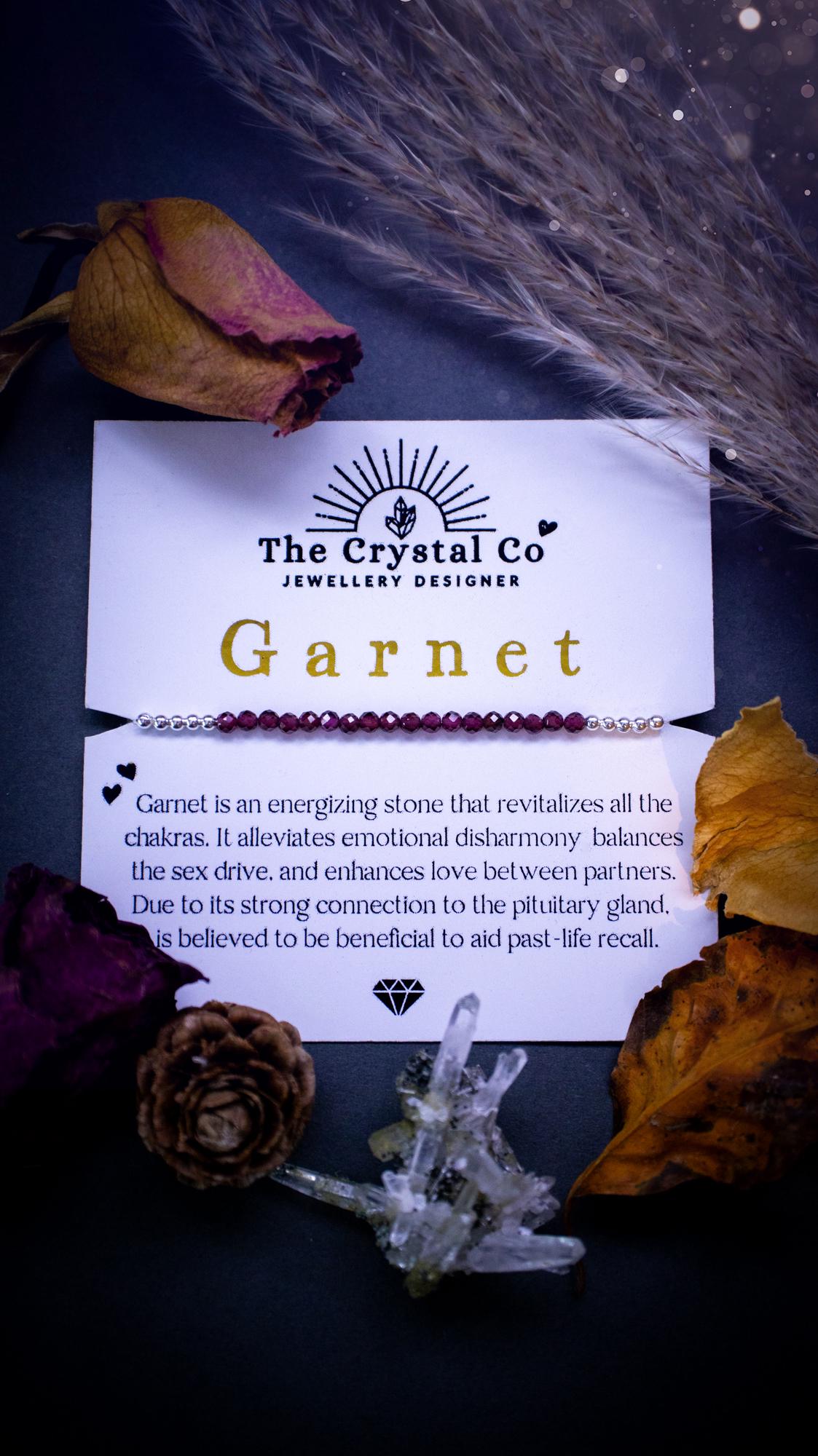 Beautiful and handmade, little crystal garnet stacking bracelet. Featuring faceted natural garnet crystal beads, strung onto elastic with silver plated bead. Garnet is the birthstone for January. Complete with properties card. Ideal crystal gifts.