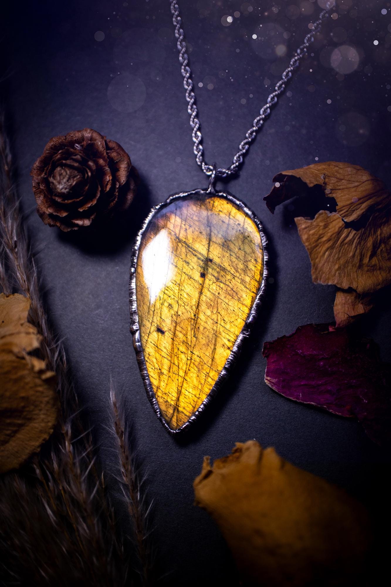 Beautiful and handmade, very flashy golden yellow, green and pink autumn labradorite pendant necklace. This necklace has been created using the soft solder method also known as the tiffany technique. A stunning crystal jewellery piece for gifts.